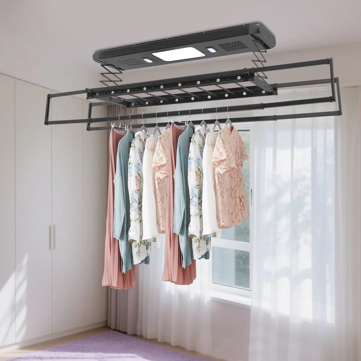 Sensova Elektrisch wasdroogrek 220V wand- en plafondmontage met afstandsbediening - Hangend roogrek met LED-verlichting - Fluisterstil 45 dB - Uitschuifbaar wanddroogrek tot 35 kg - Ruimtebesparend droogrek voor balkon en badkamer — afbeelding 1