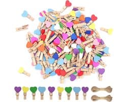 130x Kleine Houten Wasknijpers Hartjes - Decoratieve Fotoklemmen met Touw