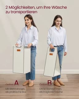 Wasmand 100L met 3 Vakken & Wielen – Metalen Frame met Houten Bovenblad – Inclusief 3 Zijvakken – Uitneembare Waszakken – Was Sorteren – Wit/Grijs — thumbnail 5