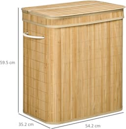 Waskorf - 54,2 x 35,2 x 59,5 cm - 2 Vakken met Verwijderbare Waszak - 90L - Bambus - Wit — thumbnail 2