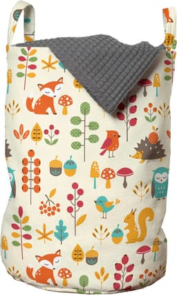 New Bed, Wasmand Kinderen Cartoon Uil Vos Eekhoorn Vogels, Opbergmand Kinderkamer met Herfst Bosdieren Patroon met Handvatten en Koordsluiting, Speelgoedmand kinderen - Speelgoedkist - Wasbox - 33 x 48 cm — thumbnail 1