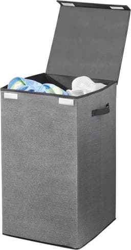 Ademende Polypropyleen Wasmand - Ontwerp Wasmand voor Wasruimte, Badkamer of Slaapkamer - Opvouwbare Wasmand met Jute Look, Deksel en Handvat - Grijs met Zwarte Rand — thumbnail 1