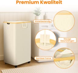 Posity Wasmand op Wielen – 100 Liter – Opvouwbaar – Met Deksel & Handvaten – Wasmand Stof - Bamboe - Laundry Basket - Incl. Waszak - Beige — thumbnail 3