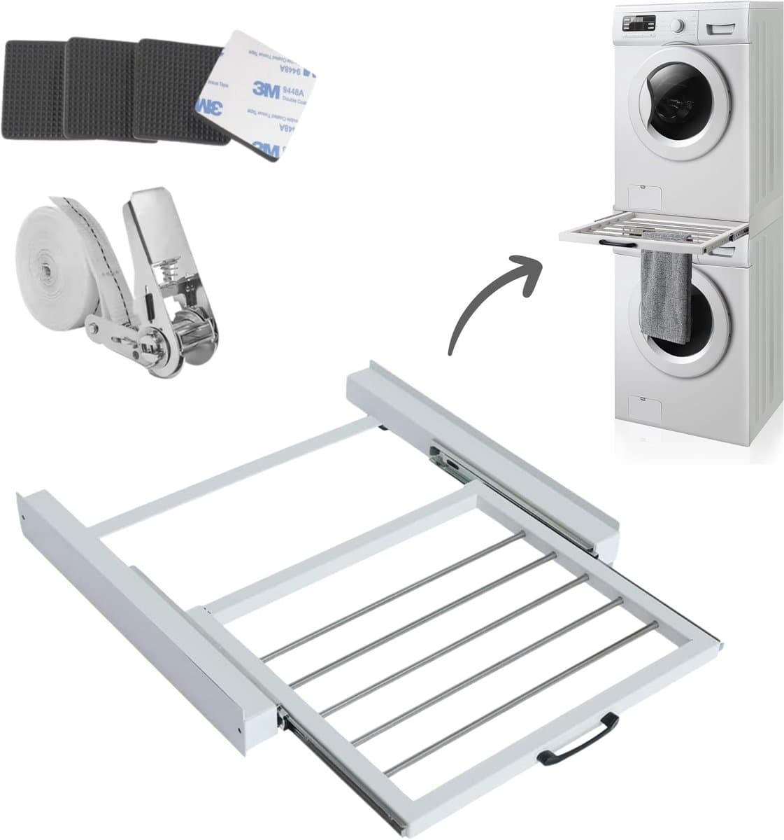 Dastium Home - Stapelkit Voor Wasmachine En Droger - Witte Stapelkit Met Droogrek - Tussenstuk Met Uitschuifbare Handdoekhouder - Wit — afbeelding 1