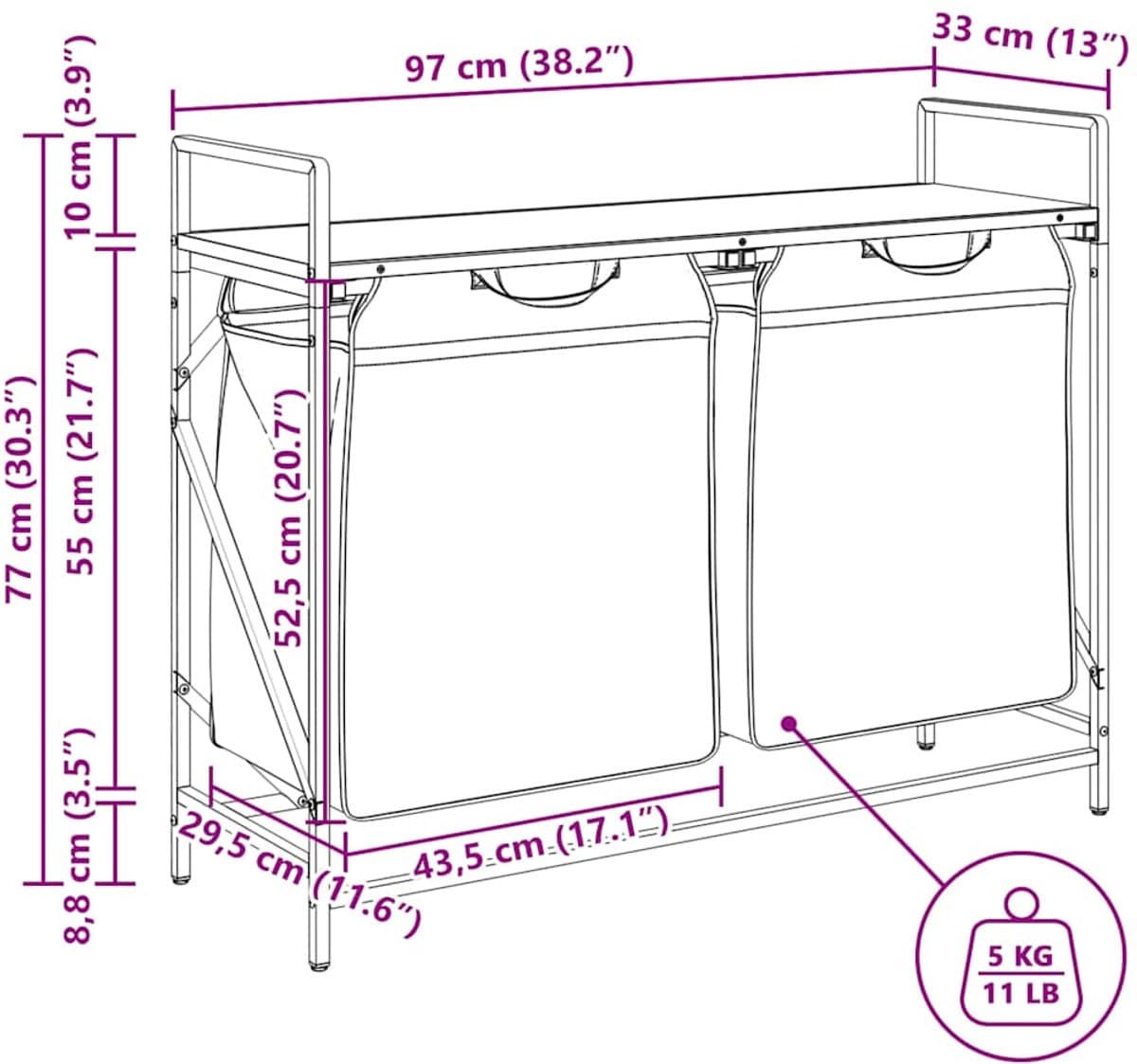 vidaXL - Wasmand - 2 - vakken - met - plank - zwart - eikenkleurig — afbeelding 1