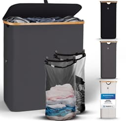 HENNEZ Wasmand met deksel van 140L opvouwbaar met scheiding en een bamboe frame - inclusief waszak - antraciet — thumbnail 5