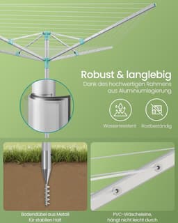 Furnstar - Droogrek in hoogte verstelbaar 60 m waslijn voor 6 wasmachineladingen outdoor tuin met bodemhuls wasknijpers zilver-groen LLR302E01 — thumbnail 2