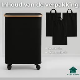AKSA Home® Wasmand met Wieltjes - Wassorteerder met 3 vakken - Wasmand Opvouwbaar met Deksel - 160L - Zwart — thumbnail 3
