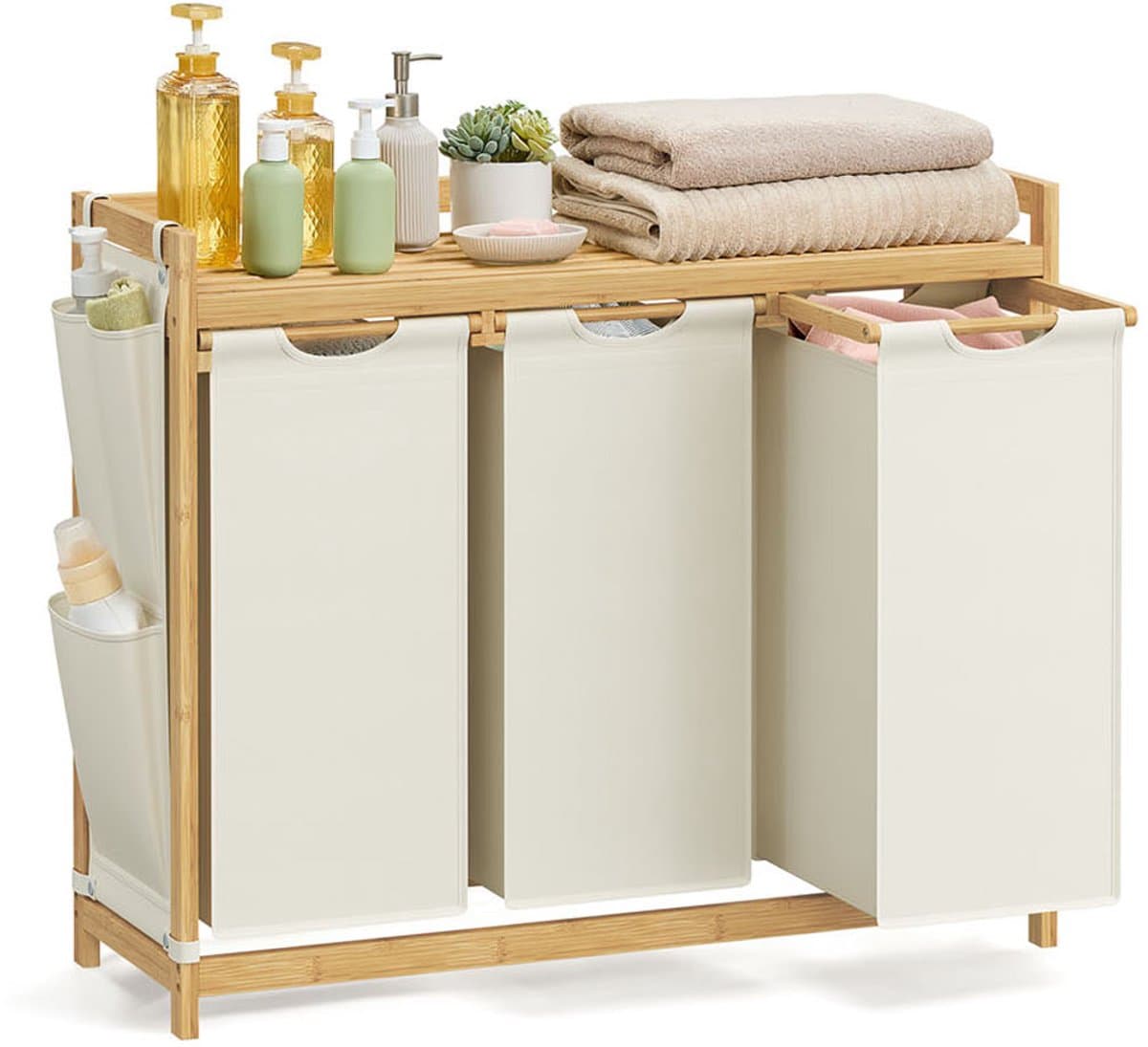 Wasmand – 3 Vakken – 3 x 50 L – 94 x 33 x 78 cm – Crèmewit – Grote Opberger — afbeelding 1