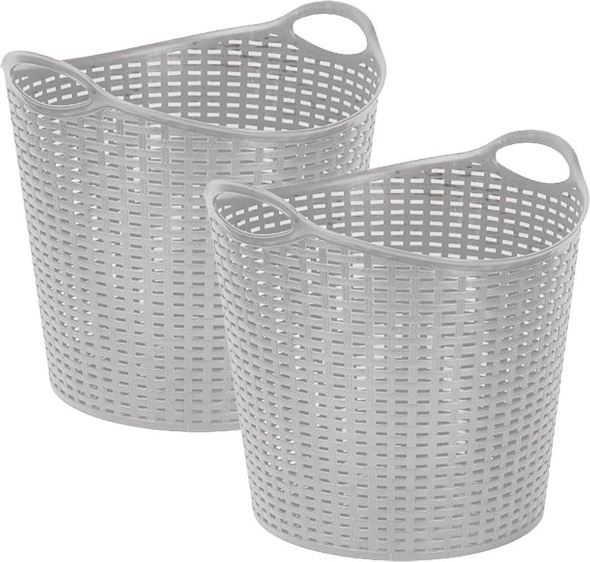 Plasticforte Gevlochten wasmand/opbergmand - 2x - flexibel - zilver - 27 liter - rond - kunststof - 40 x 37 cm — afbeelding 1
