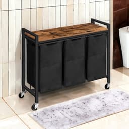 Wasmand 3 vakken – Was sorteerder - Op wielen - 84 x 30 x 74,5 cm – Wasmand - 168L verdeeld over 3 zakken – Wasmanden – Wasmand zwart metaal - Bruin hout - Met wielen — thumbnail 3