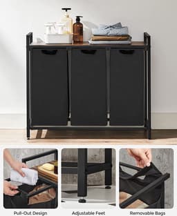 xDays Wasmand 3 vakken – uitschuifbaar met plank - 92.5 x 33 x 71 cm - wassorteerder - 114 liter verdeeld over 3 zakken – wasmanden zwart metaal en bruin hout — thumbnail 4