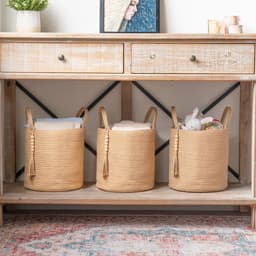 Geweven opbergmand - natuurlijke touwmand met houten kralen - voor dekens en speelgoed - woondecoratie - plantenorganizer met handgrepen — thumbnail 4