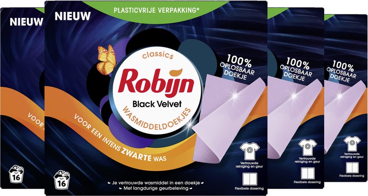Robijn - Wasmiddeldoekjes - Black Velvet - 64 wasstrips - Voordeelverpakking — afbeelding 1