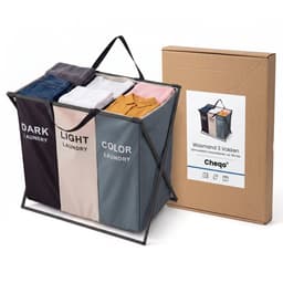 Cheqo® Wasmand 3 Vakken - Wassorteerder - Opvouwbaar - Was Organizer - Waszak voor Wasgoed Sorteren - Vuile Was - Wasverzamelaar - Wasgoedmand - Inklapbaar - Wasmand met Handvat voor Badkamer en Slaapkamer — thumbnail 4
