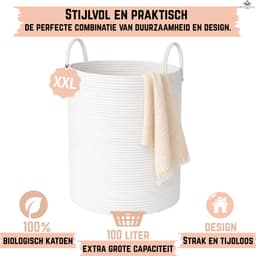 Woning Decor® Wasmand 100L XXL – Katoenen Wasmand – Opbergmand – Wassorteerder – Wit — thumbnail 4