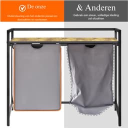 Wasmand met 2 compartimenten, 95 liter, met plank en dubbele uittrekbare waszakken, wasmand voor wasruimte, slaapkamer, badkamer, studentenkamer, grijs — thumbnail 5
