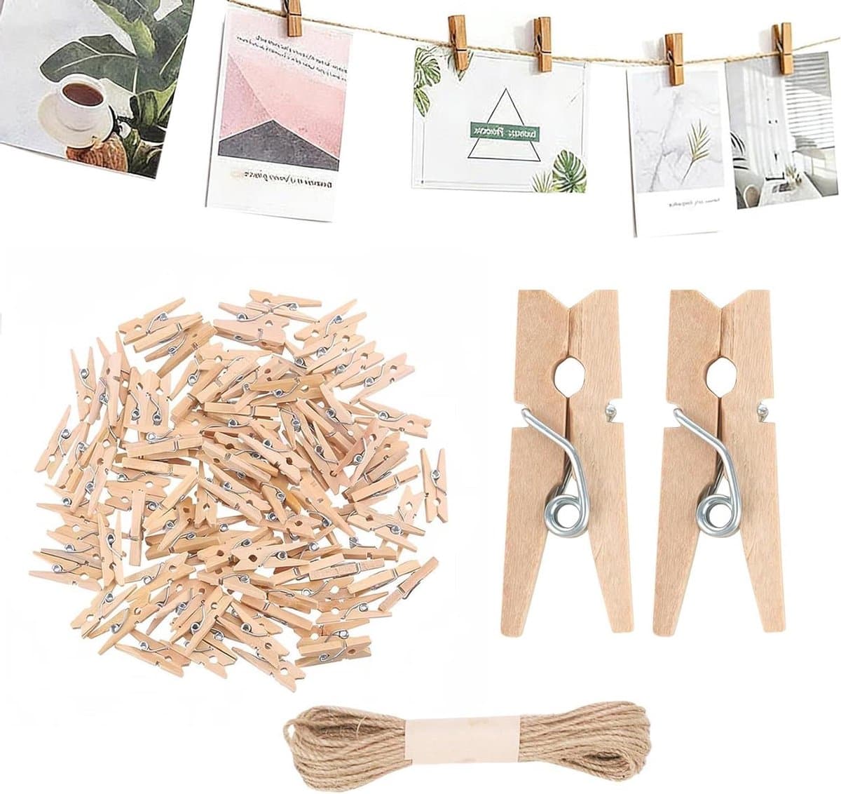 Mini Wasknijpers Set - Houten Clips Touw - Foto Decoratie DIY - Natuurlijk Hout Jute - 100 Stuks 30MM - Natuurlijk — afbeelding 1
