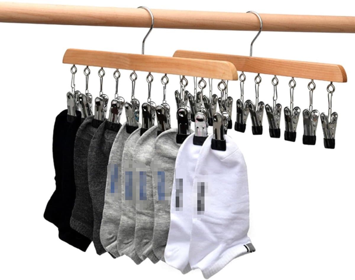 2 stuks sokkendroger, wasrek van hout, winddicht droogrek met 10 clips voor sokken, ondergoed, muts, sjaal, handdoeken, schoeninlegzolen — afbeelding 1