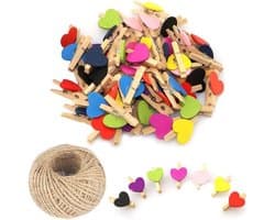 Houten Hart Wasknijpers - Mini Clips - Foto's Ophangen - Mix Kleuren - 100 Stuks - Multicolor
