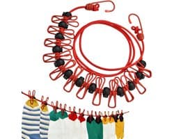 Waslijn met Clips - Drooglijn Outdoor - Kleding Drogen - Winddicht Antislip - Tot 3.7 Meter - Rood