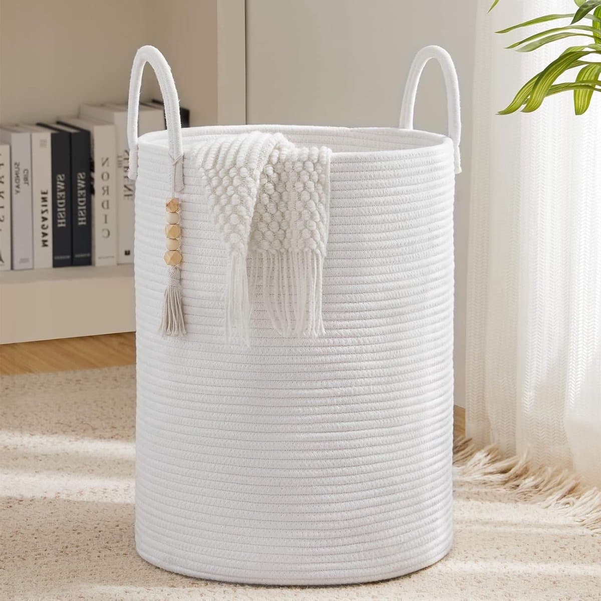 Katoenen Wasmand 58L Wasmand van Touw - Handgemaakte Gevlochten Laundry Basket - Opvouwbare Opbergmand met Handgrepen - Grote Wasmand Organizer 38x38x50 cm - Decoratieve Wasmand voor Kleding, Speelgoed, Dekens — afbeelding 1