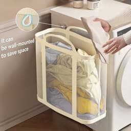 Ulisem - Opvouwbare wasmand - 41 liter nylon gaas - Met stevige handvatten - 4 ophangpunten - Herbruikbaar - Lichtgewicht en draagbaar - Geschikt voor reizen en slaapzaal - Ademend design - Geel — thumbnail 3