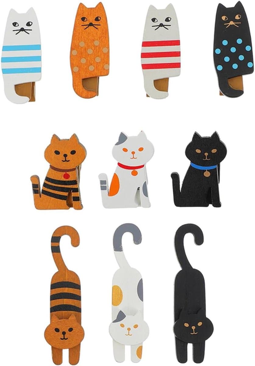Houten Wasknijpers - Kattenclips - Decoratief Ophangen - Uniek Kattenontwerp - 10 Stuks - Houtkleur — afbeelding 1