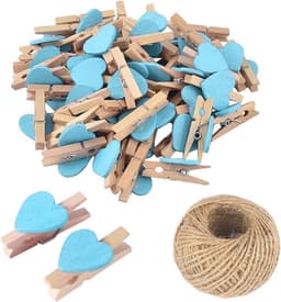 25 Stuks Lichtblauwe Mini Houten Hartje Wasknijpers, Multicolore Kleine Wasknijpers met Hart, 3cm Hart Fotoknijpers, Kleine Wasknijpers met Koord voor Foto's Display, DIY Handwerk, Bruiloft en Baby Shower Decor — thumbnail 1