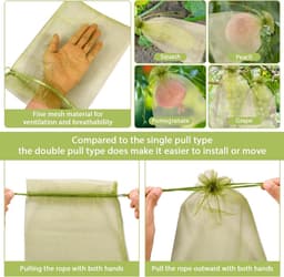 Fruitnetzakken met trekkoord - 23x17 cm - 200 stuks - Herbruikbare beschermzakken voor druiven, mango's, appels, granaatappels, perziken en ander fruit - Organza netten voor natuurlijke fruitteelt — thumbnail 5