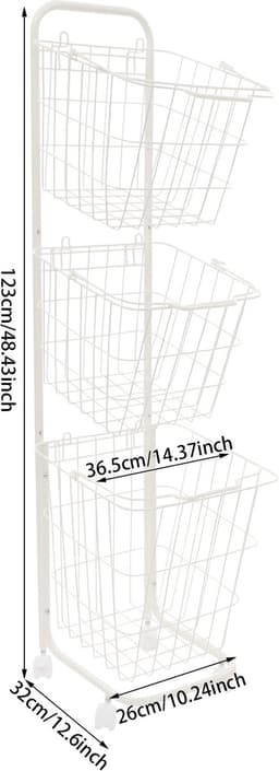 Wasmandwagen Met 3 Manden Wit 26*32*123cm 3-Laags Rolbare Wasmanden Op Wielen Wasrek Waswagen Voor Badkamer Waskeuken — thumbnail 2