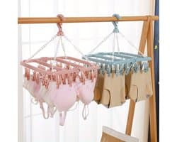 Drying Rack with 32 Clips for Hanging Socks - Indoor & Outdoor Laundry Rack for Rotatable Foldable Design - Pink