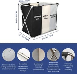 SNJY® Wasmand 3 Vakken - Wassorteerder - Wasbox Kledingmand - 40L x 72B x 55H centimeter - 180 L - Zwart/Wit/Grijs — thumbnail 2
