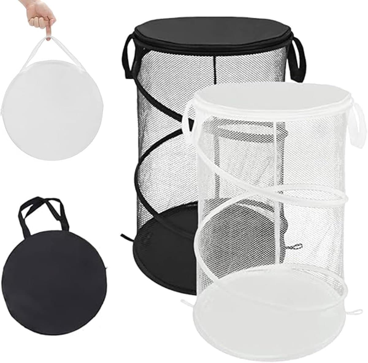 2 stuks - Mesh Pop-Up wasmand - Opvouwbare wasmand - Opvouwbare wasmand met handgrepen - Geschikt voor reiswasruimtes en slaapzalen - Draagbare opbergmand - Zwart + Wit — afbeelding 1