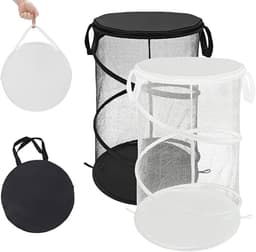 2 stuks - Mesh Pop-Up wasmand - Opvouwbare wasmand - Opvouwbare wasmand met handgrepen - Geschikt voor reiswasruimtes en slaapzalen - Draagbare opbergmand - Zwart + Wit — thumbnail 1