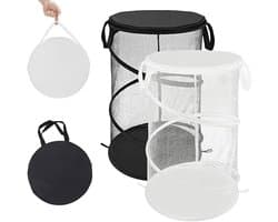 2 stuks - Mesh Pop-Up wasmand - Opvouwbare wasmand - Opvouwbare wasmand met handgrepen - Geschikt voor reiswasruimtes en slaapzalen - Draagbare opbergmand - Zwart + Wit — afbeelding 1