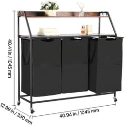 Wasmand, met 2 Niveaus met Metalen Frame en Houten Top, Rollende Mand met 3 Compartimenten, Ladderplanken en Duurzame 600D Oxford-Stoffen Tassen voor Het Sorteren van Kleding — thumbnail 3