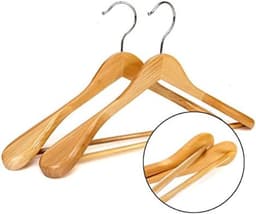 PromoHome 5 stuks houten kledinghangers met antislip broekstang - Brede schouder ondersteuning voor zware jassen en pakken - Natuurlijke houtkleur — thumbnail 4
