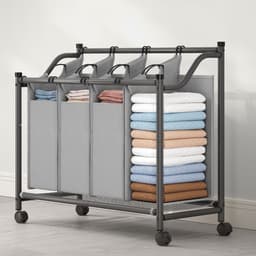 Wasmandsorteerder op wieltjes Wasverzamelwagen met 4 afneembare zakken 4 x 35 liter Voor wasruimte, slaapkamer, badkamer 87,5 x 38,5 x (67 - 81) cm Grijs — thumbnail 3
