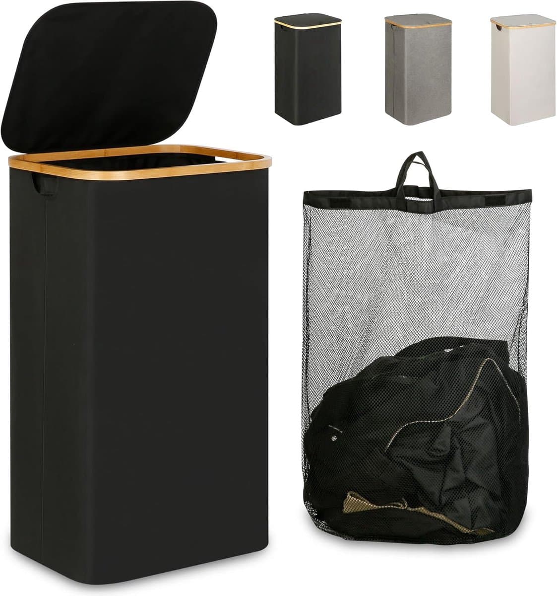 Wasmand met deksel, 110L grote wasmand met handvat en deksel, opvouwbare wasmand organizer met uitneembare binnenzak voor kleding, speelgoed en handdoeken - Zwart — afbeelding 1