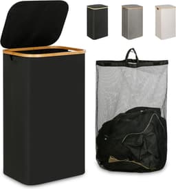 Wasmand met deksel, 110L grote wasmand met handvat en deksel, opvouwbare wasmand organizer met uitneembare binnenzak voor kleding, speelgoed en handdoeken - Zwart — thumbnail 1