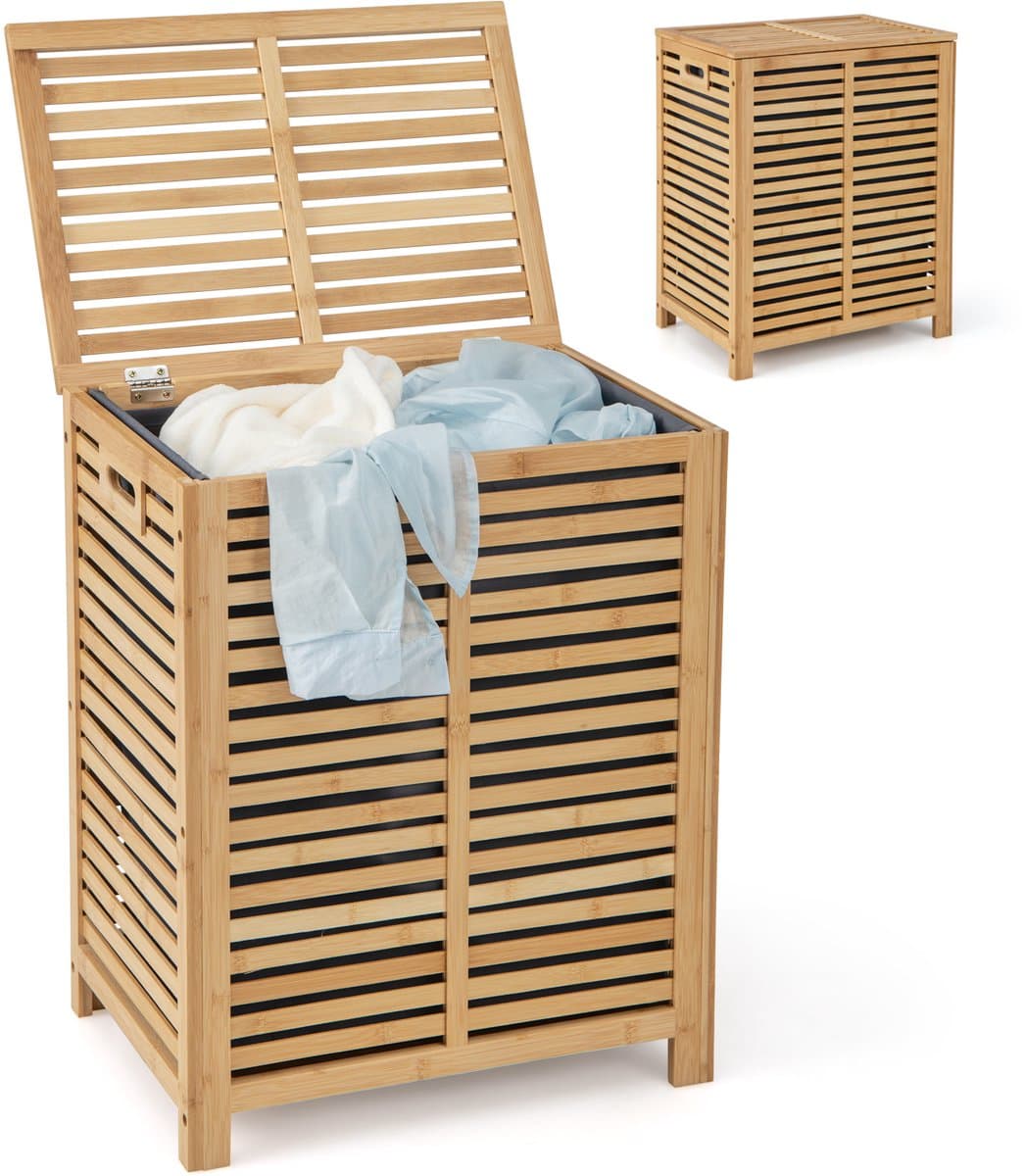 COSTWAY Wasmand met deksel, groot, 80 liter wasverzamelaar, bamboe, wasbox met waszak, uitneembaar en wasbaar, voor badkamer, slaapkamer, woonkamer — afbeelding 1