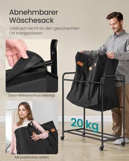 Furnstar Wasmand - Wasmand met wieltjes - 4 vakken - 200L wassorteerder - Beweegbare waswagen - Met 5 etiketten - Voor bijkeuken slaapkamer badkamer - Inktzwart — thumbnail 3