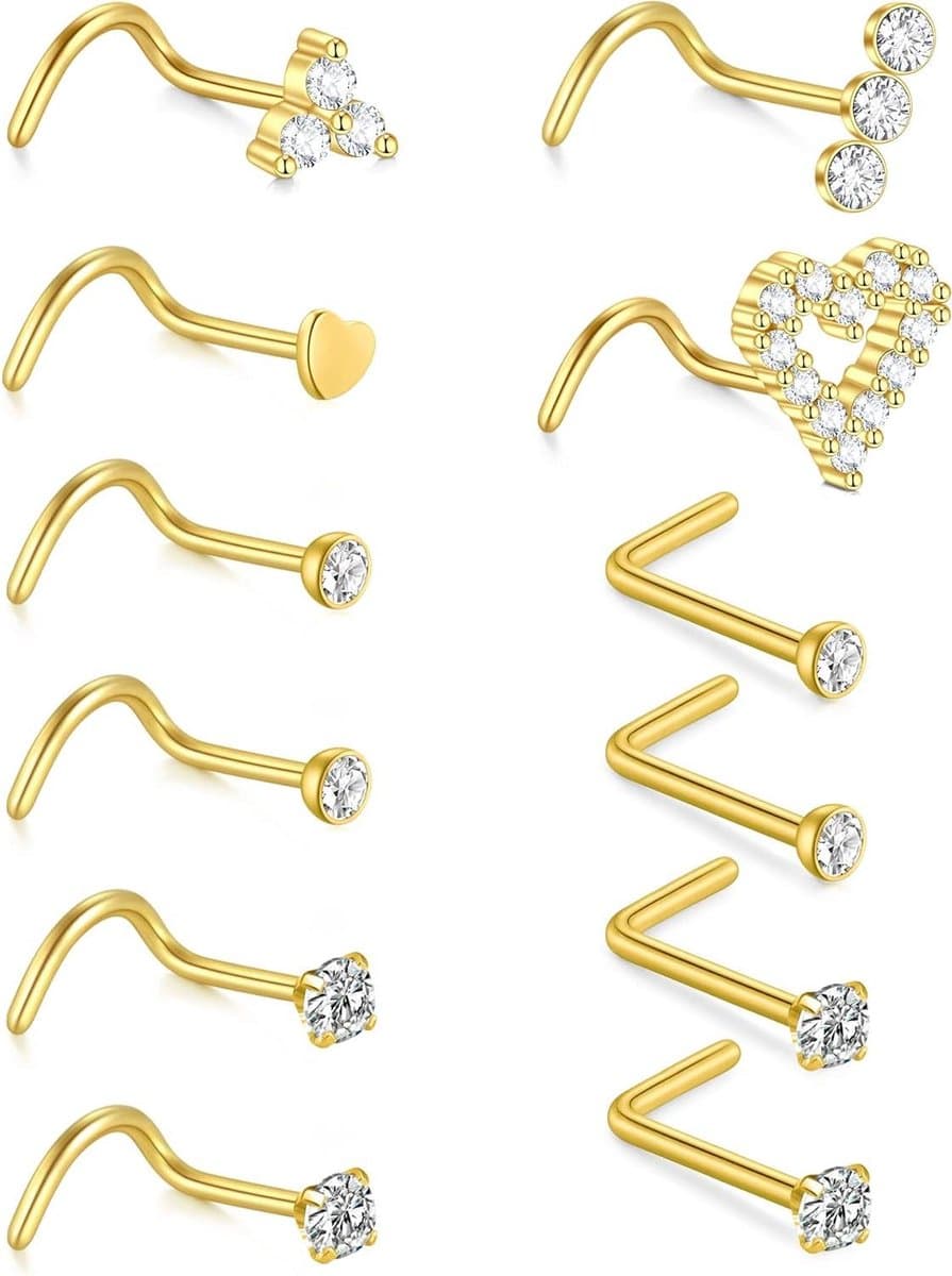 Allecto plus - Set van Neus Studs en Schroeven - Roestvrij Staal 0.8mm 20G - L-vormig - Twister Haken voor Neus - Metaal — afbeelding 1