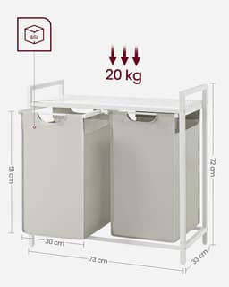 Conway Living® Wasmand 2 Vakken – Uitschuifbare Wassorteerder met Plank - 73 x 33 x 72 cm - Wasmanden - Wasbox Metaal - Wit — thumbnail 2