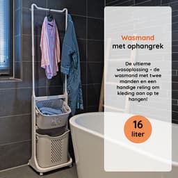 Eleganca Wasmand met ophangrek - H174 x B44 x D33 cm - Wasbox organizer – Wassorteerder met 2 vakken – Kunststof/Metaal – Wit — thumbnail 2