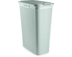 Plasticforte Smalle Wasmand met deksel Rotan - groen - gevlochten kunststof - 48 liter - 27 x 46 x 60 cm — afbeelding 1