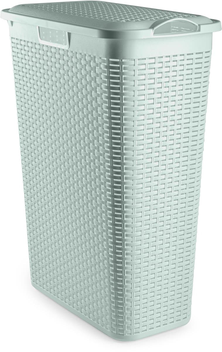 Plasticforte Smalle Wasmand met deksel Rotan - groen - gevlochten kunststof - 48 liter - 27 x 46 x 60 cm — afbeelding 1