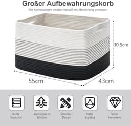 Gevlochten Wasmand van Katoen - Handgemaakt met Handvatten - Voor Was, Speelgoed en Opbergen - Wit & Bruin 55x43x30,5cm — thumbnail 2
