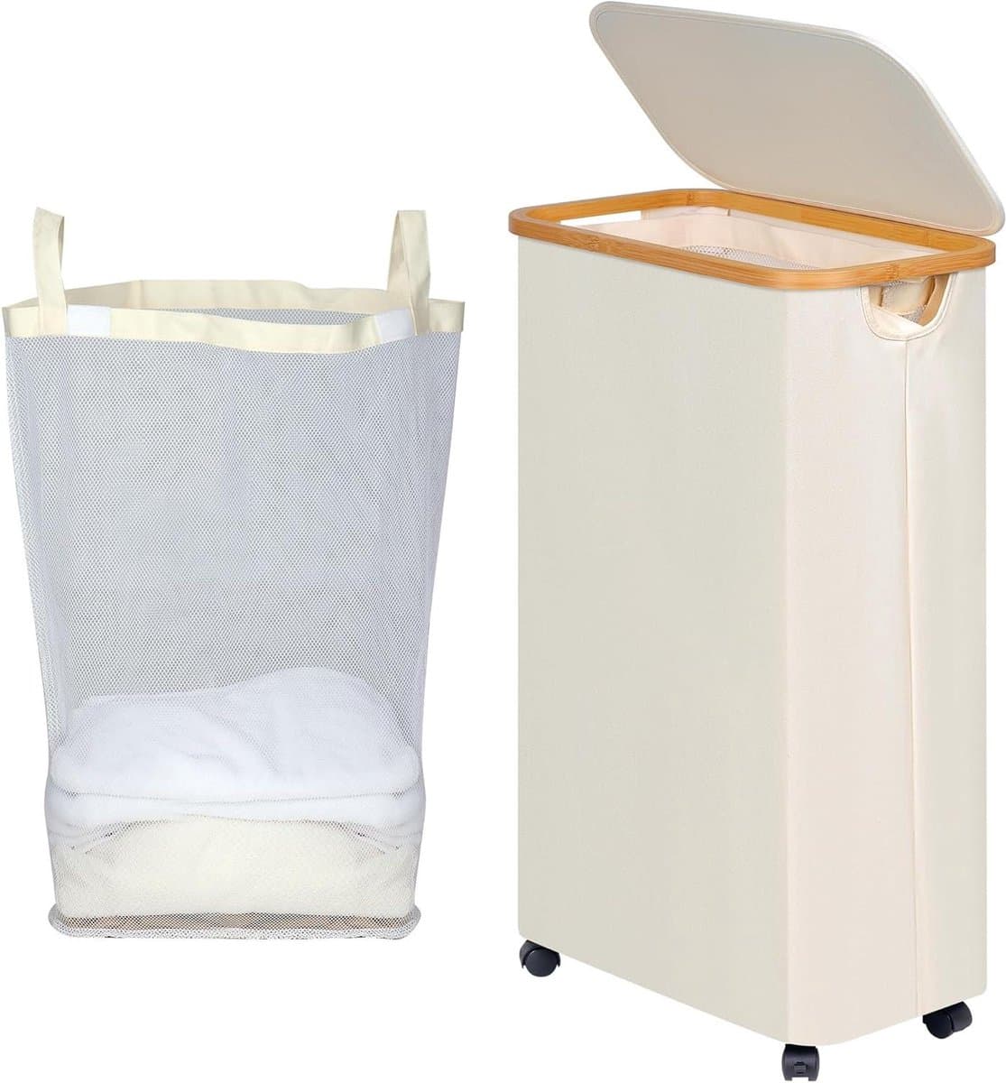 75 Litre Foldable Laundry Basket with Lid - Beige Slim Basket with Wheels, Bamboo Handles and Removable Bag for Bedroom, Bathroom, Kitchen — afbeelding 1